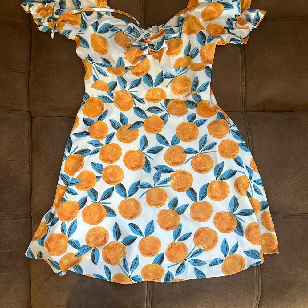 Off-Shoulder Dress with Orange Fruit and Blue Leaf Pattern